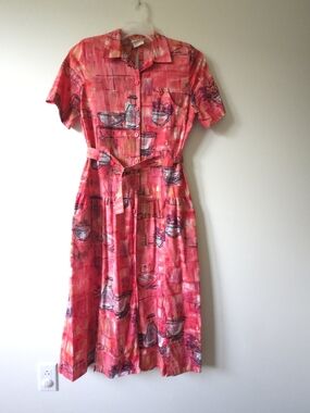Vintage Relance Canada Abstract Still Life Print Midi Shirt Dress